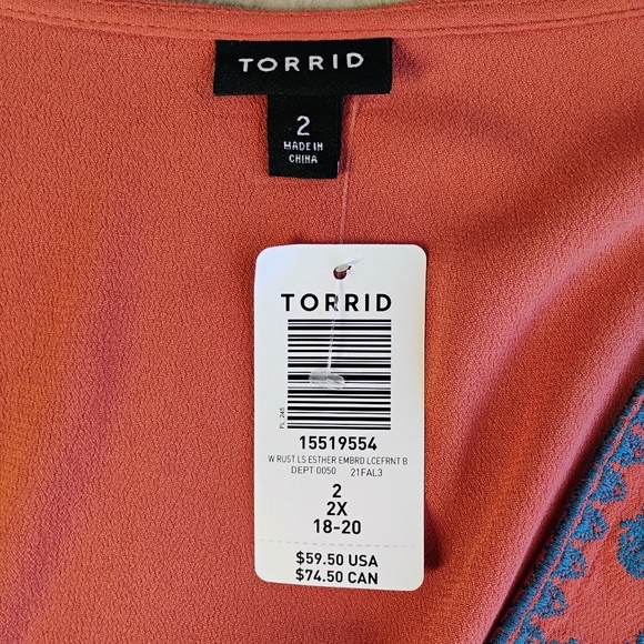 Torrid Babydoll Rayon Crepe Embroidered Lace Up Top Boho Peasant Plus Size 2X - Picture 6 of 11